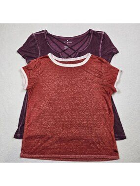 American Eagle Women’s Soft & Sexy T-Shirts Size M Red & Plum Ringer Crisscross
